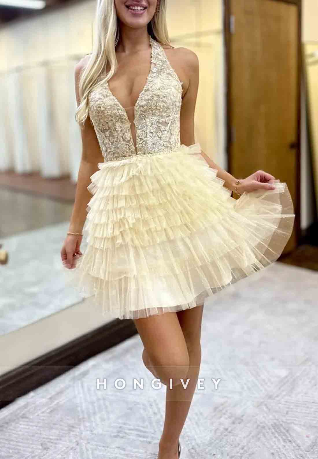 Halter A-Line Low Back Tulle Sleeveless Appliqued Ruched Short Homecoming Dresses