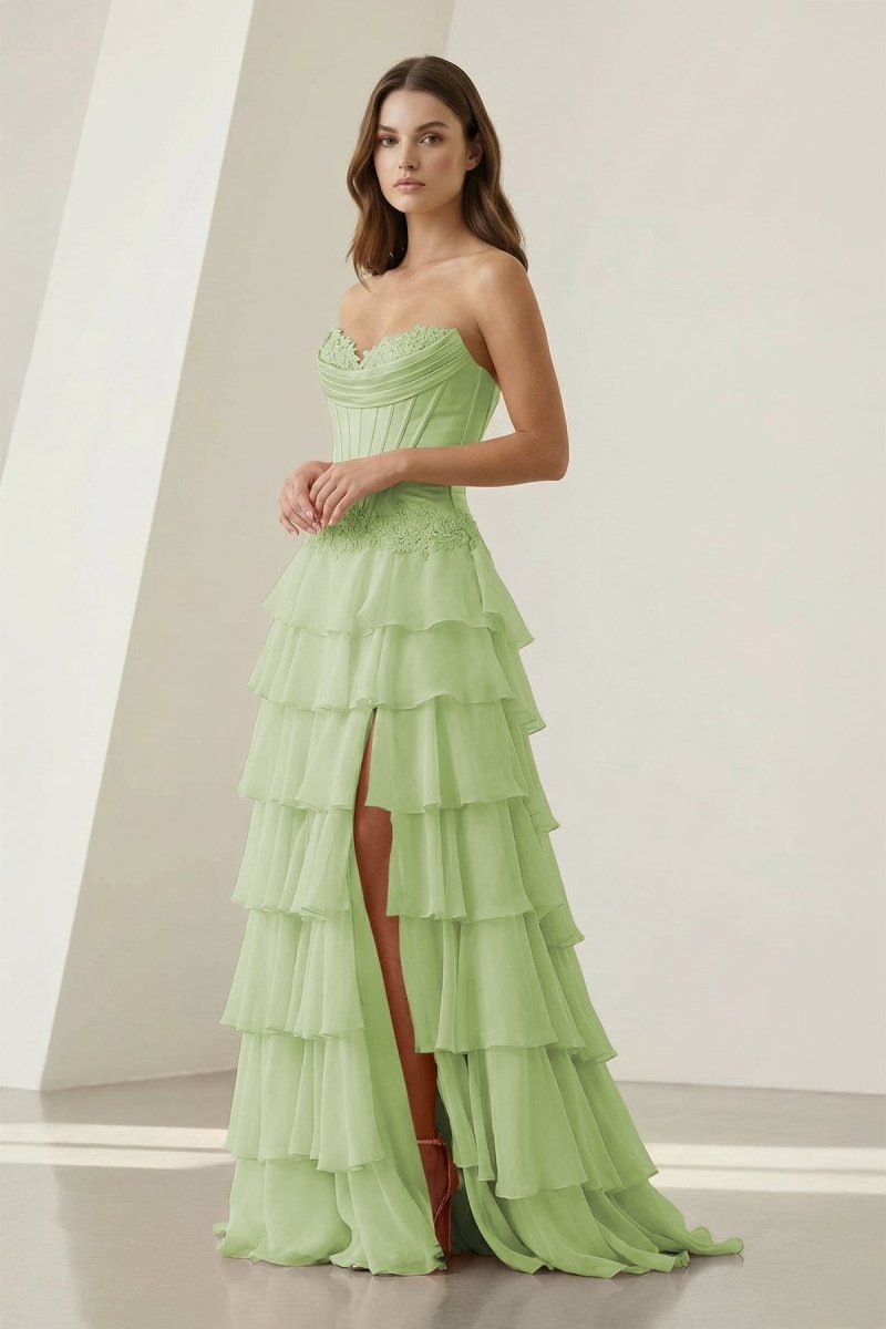 Pink Sweetheart Chiffon Ruffled A Line Formal Prom Dresses With Appliques