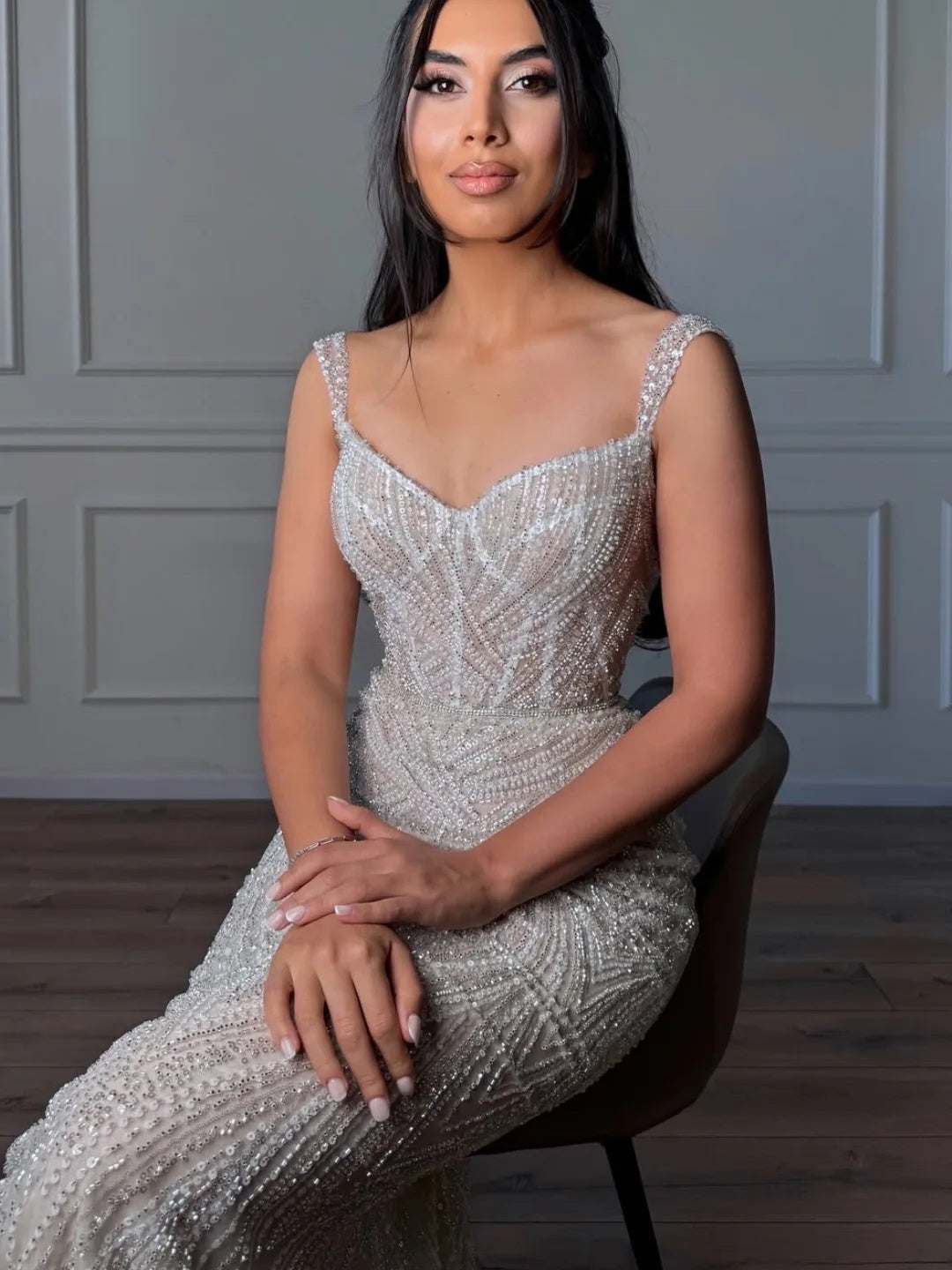 Sleeveless Spaghetti Straps Sequins Sparkle Mermaid Wedding Dress Floor-Length