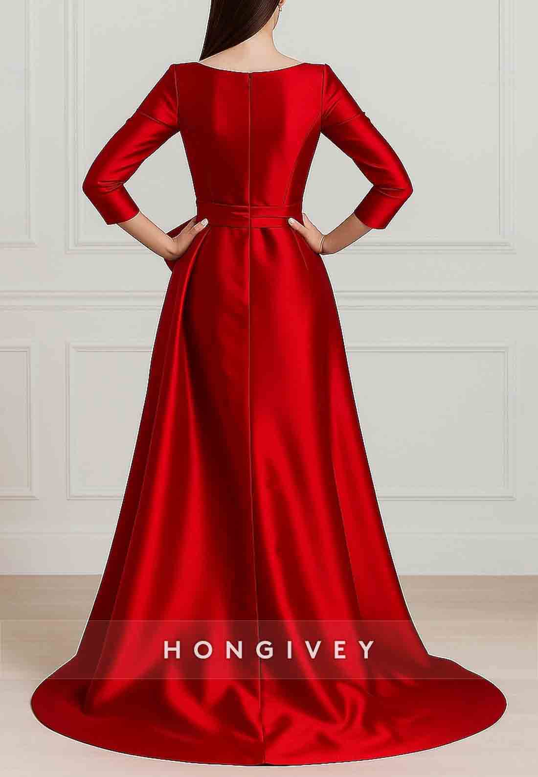 3/4 Sleeve Satin Detachable Bateau Neck Trumpet Evening Gown