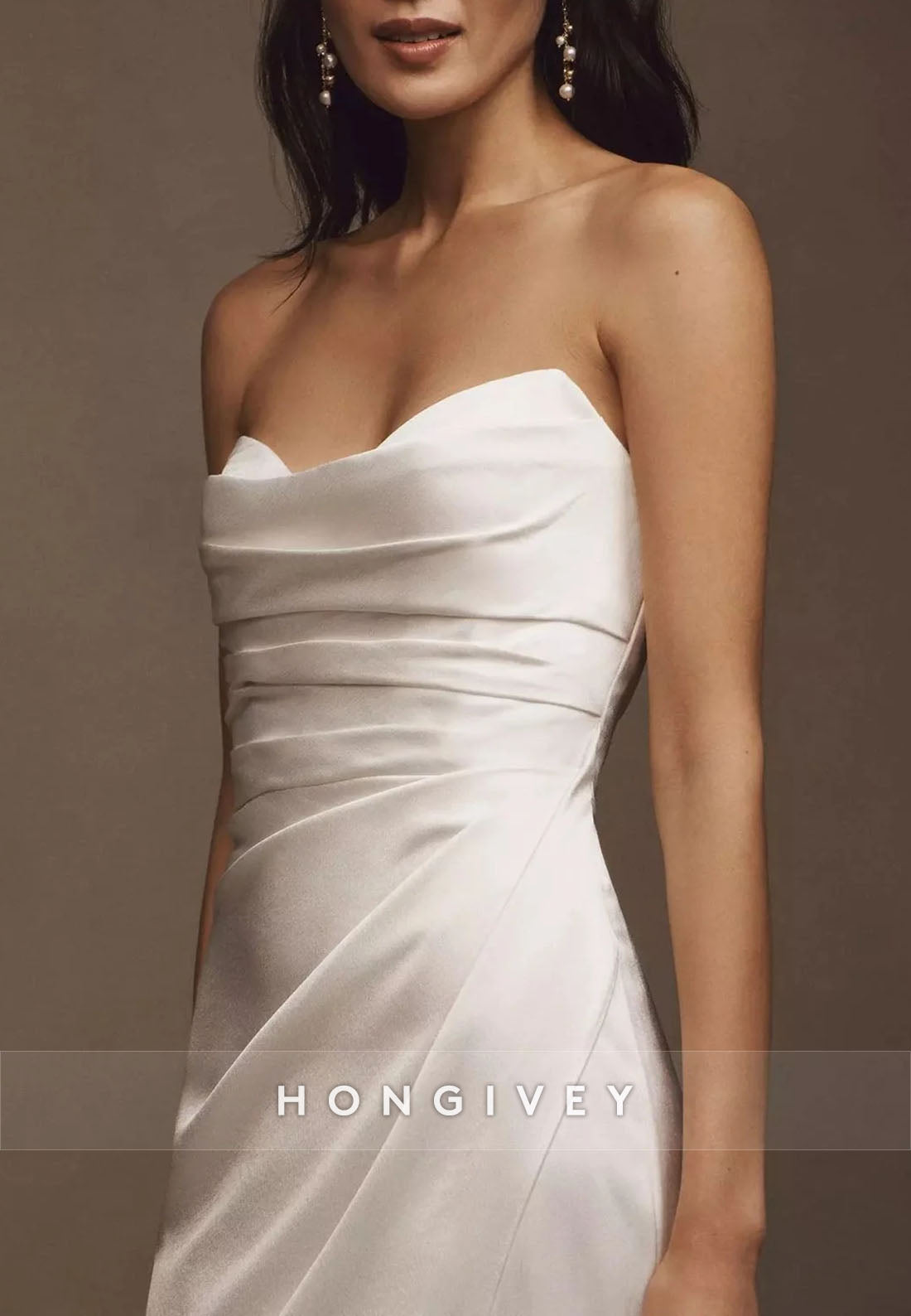 Strapless Floor-Length Satin Pleated Trumpet Wedding Dresses with Side Slit