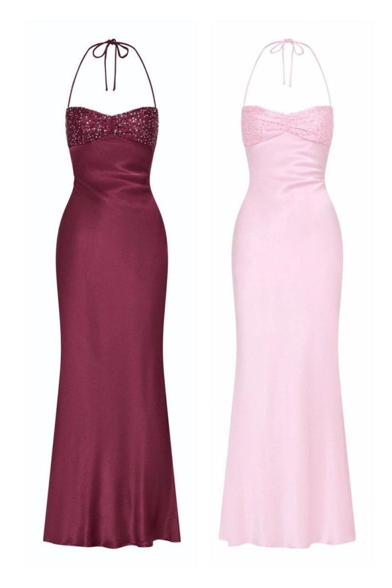 Magenta - Halter Sheath Satin Long Prom Dresses With Sequins