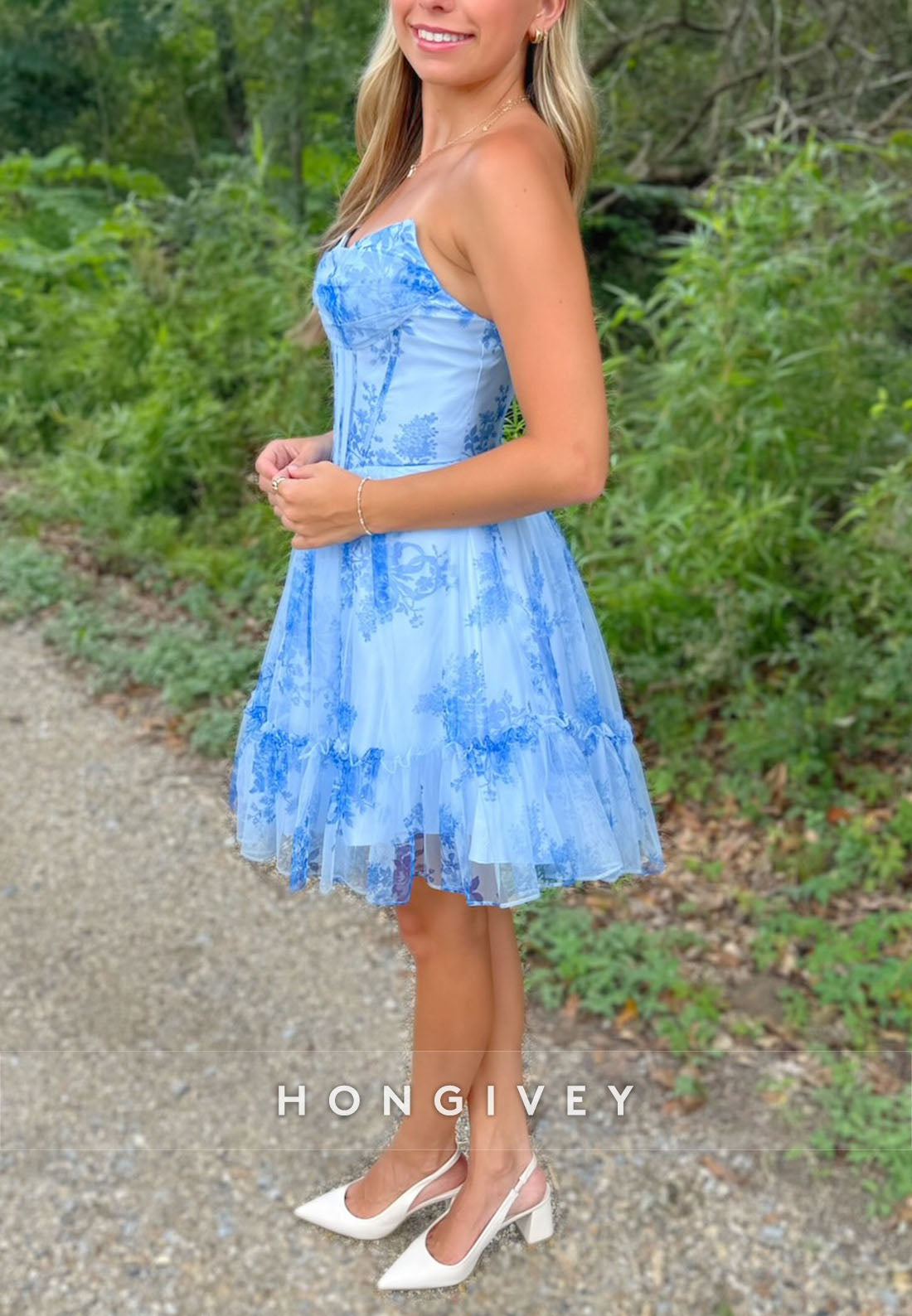 Ruched Strapless V-Neck Blue Floral Print A-Line Short Homecoming Dress