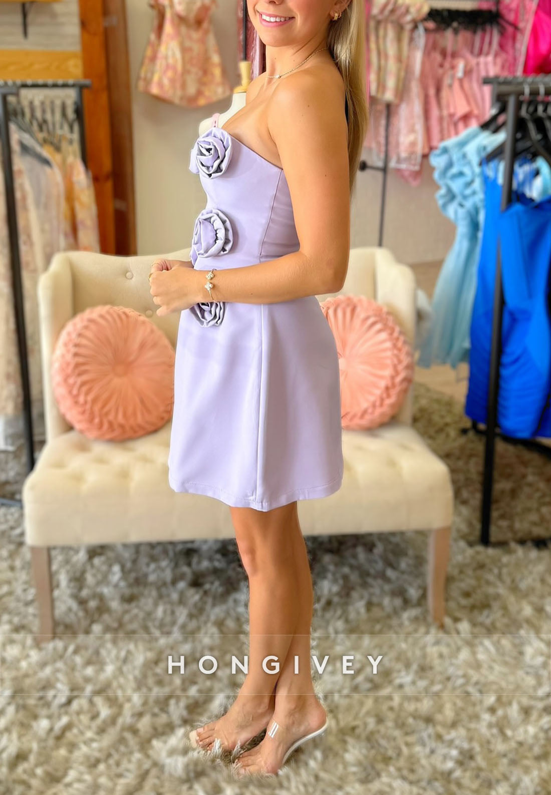 Lilac Strapless A-Line Short Homecoming Dress with Ruched 3D Flowers