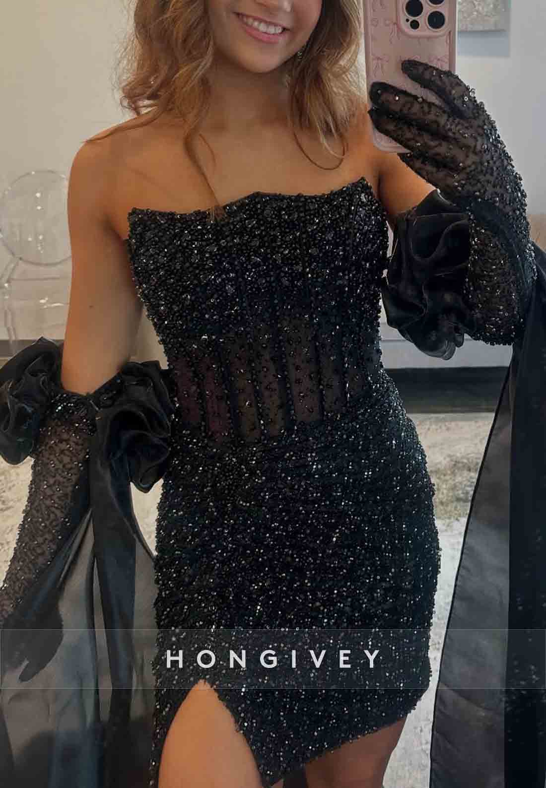 Glitter Pleated Sheath Strapless Mini Half Sleeves Backless Homecoming Dresses