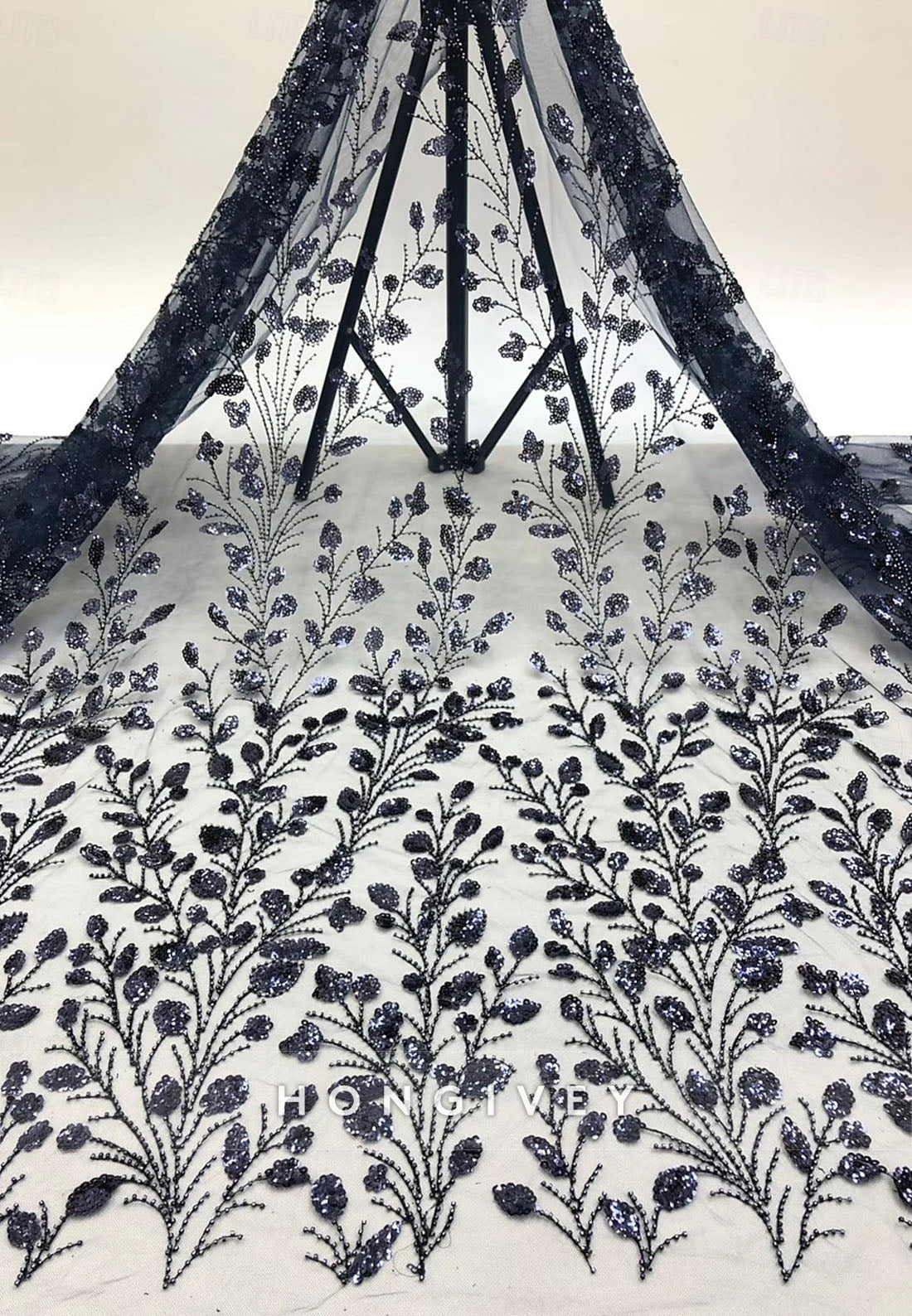 Pleated Long Sleeve Satin Waistband Flower Illusion Neck Beading Evening Gown