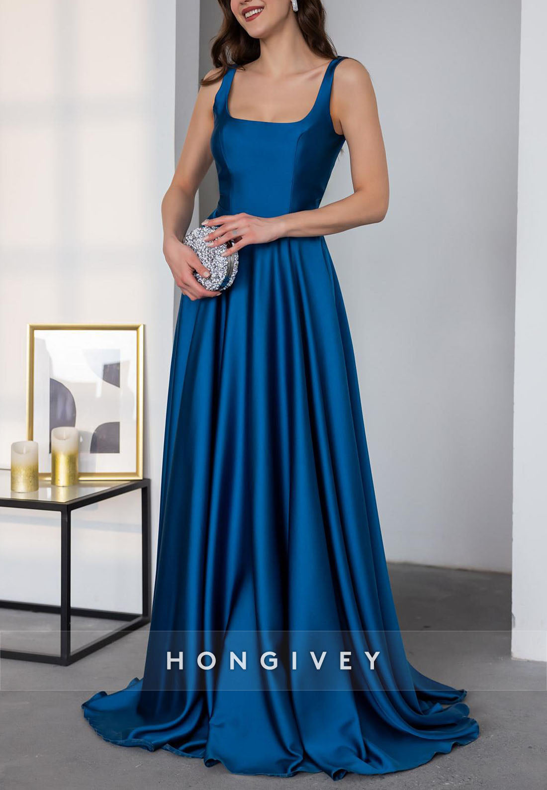 Simple Crisscross Back A-line Wedding Guest Dresses Square Regular Straps Pleated Evening Gown