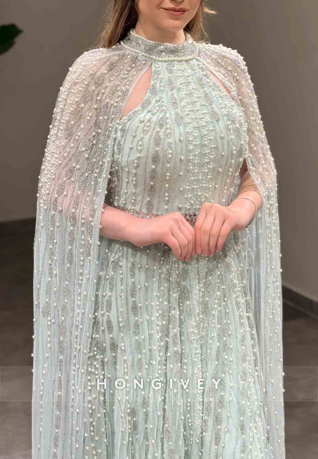 Shawl Halter Floor-Length Sheath Evening Gown Beading Cloak Formal Dresses