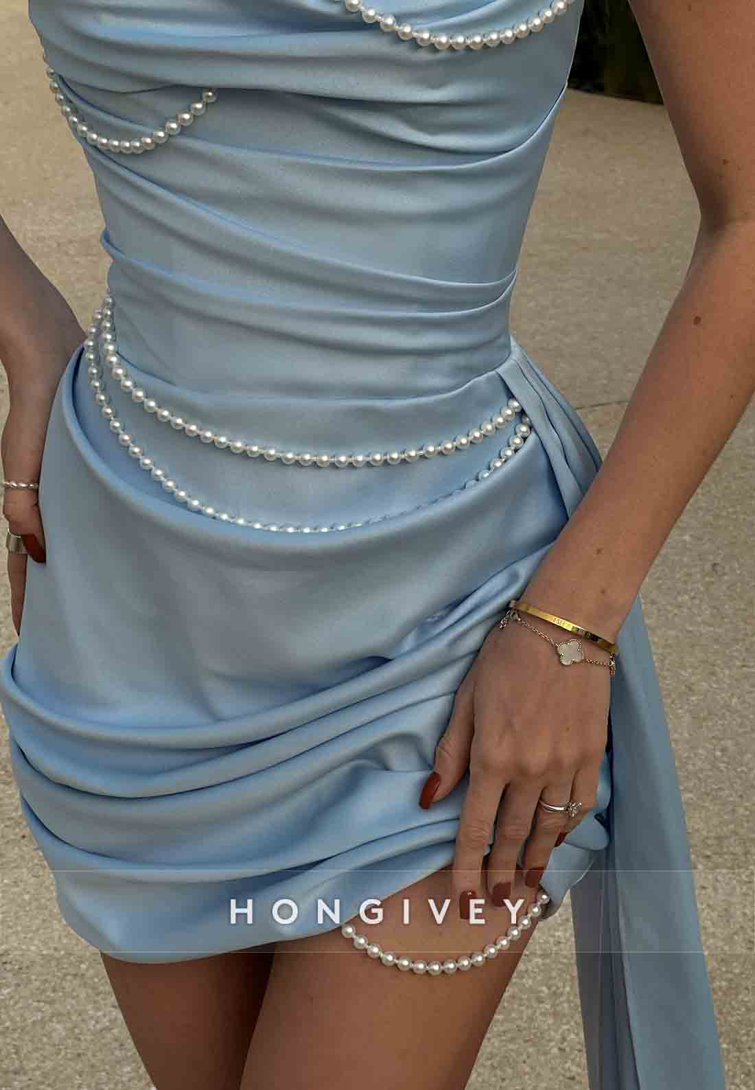 Sky Blue Strapless Side Draping Pleated Sheath Homecoming Dresses with Pearls