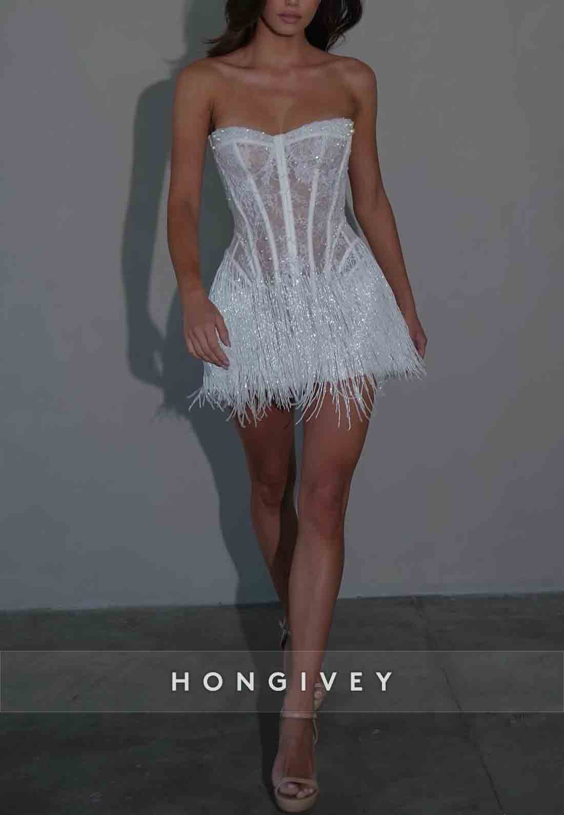 Sparkly White Strapless Lace A-Line Mini Wedding Dresses with Tassel