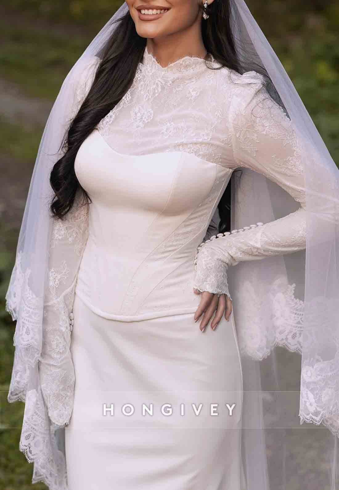 Long Sleeves High Neck Lace Court Train Trumpet Wedding Dresses