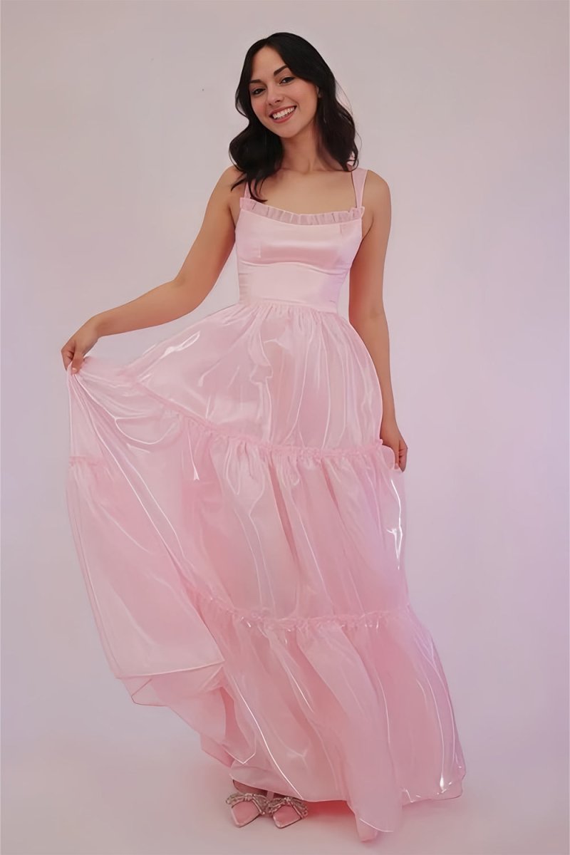 Pink - Square Neck A Line Organza Long Formal Prom Dresses With Lace