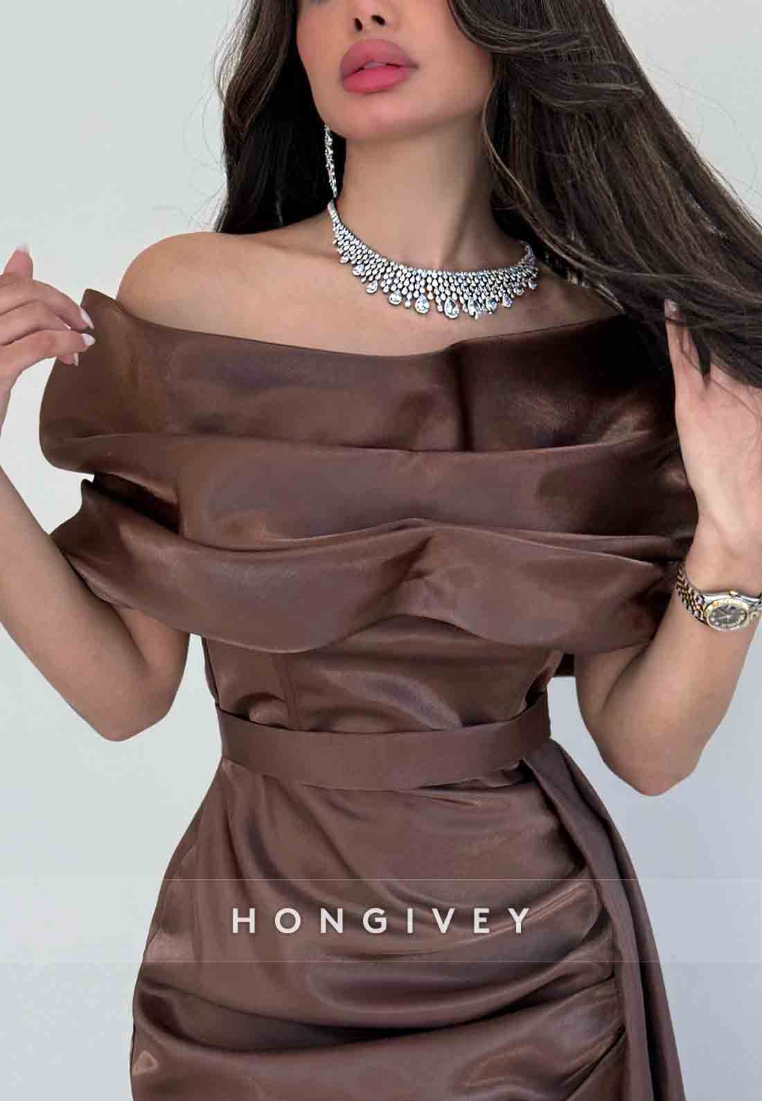 Side Slit Off the Shoulder Pleated Detachable Shawl Floor-Length Evening Gowns