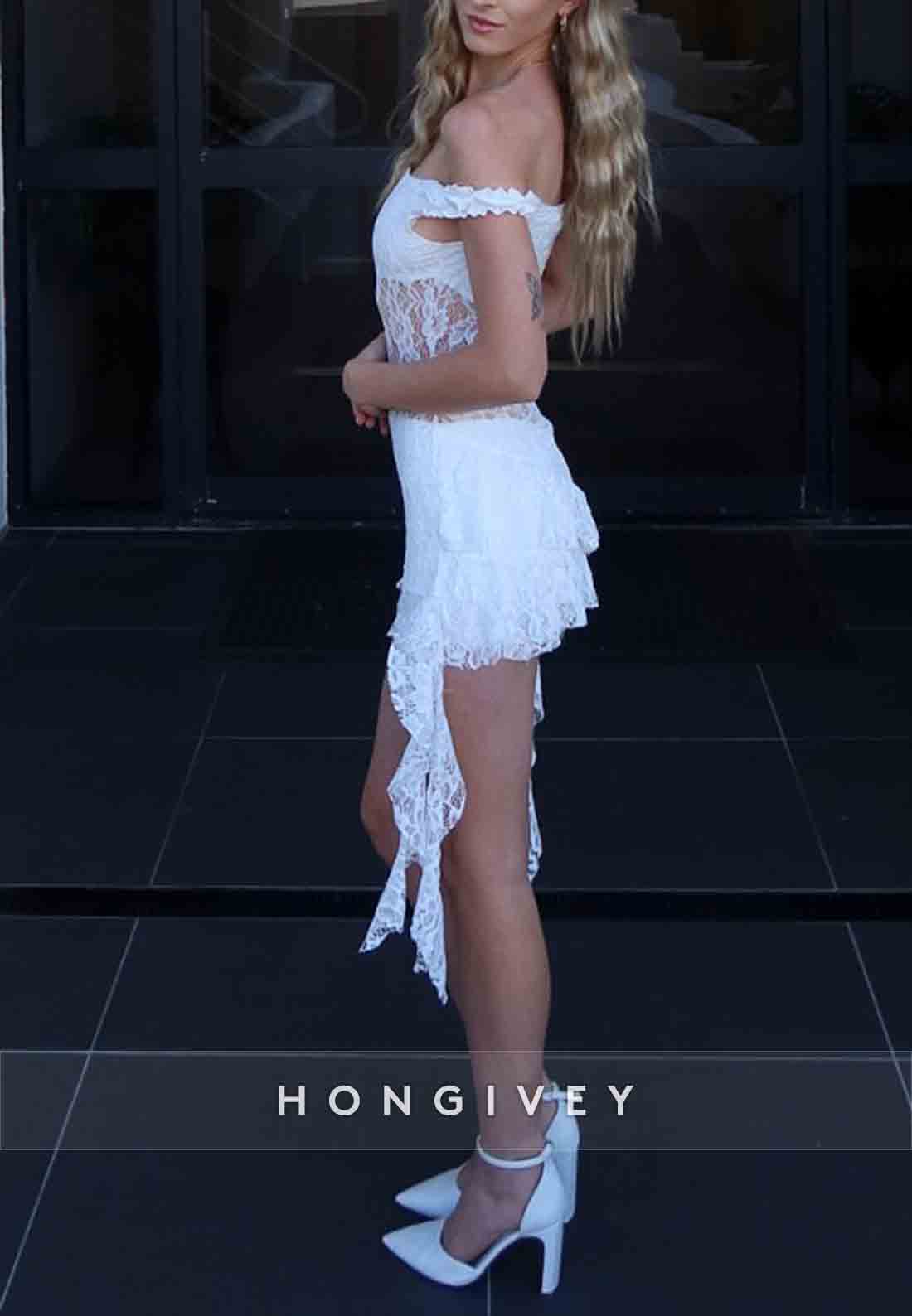 Lace Flowers Off the Shoulder Sheath Side Draping Mini Homecoming Dresses