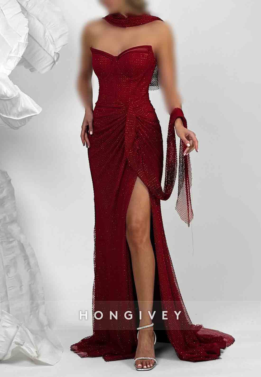 Strapless High Slit Halter Sleeveless Floor-Length Pleated Evening Gowns