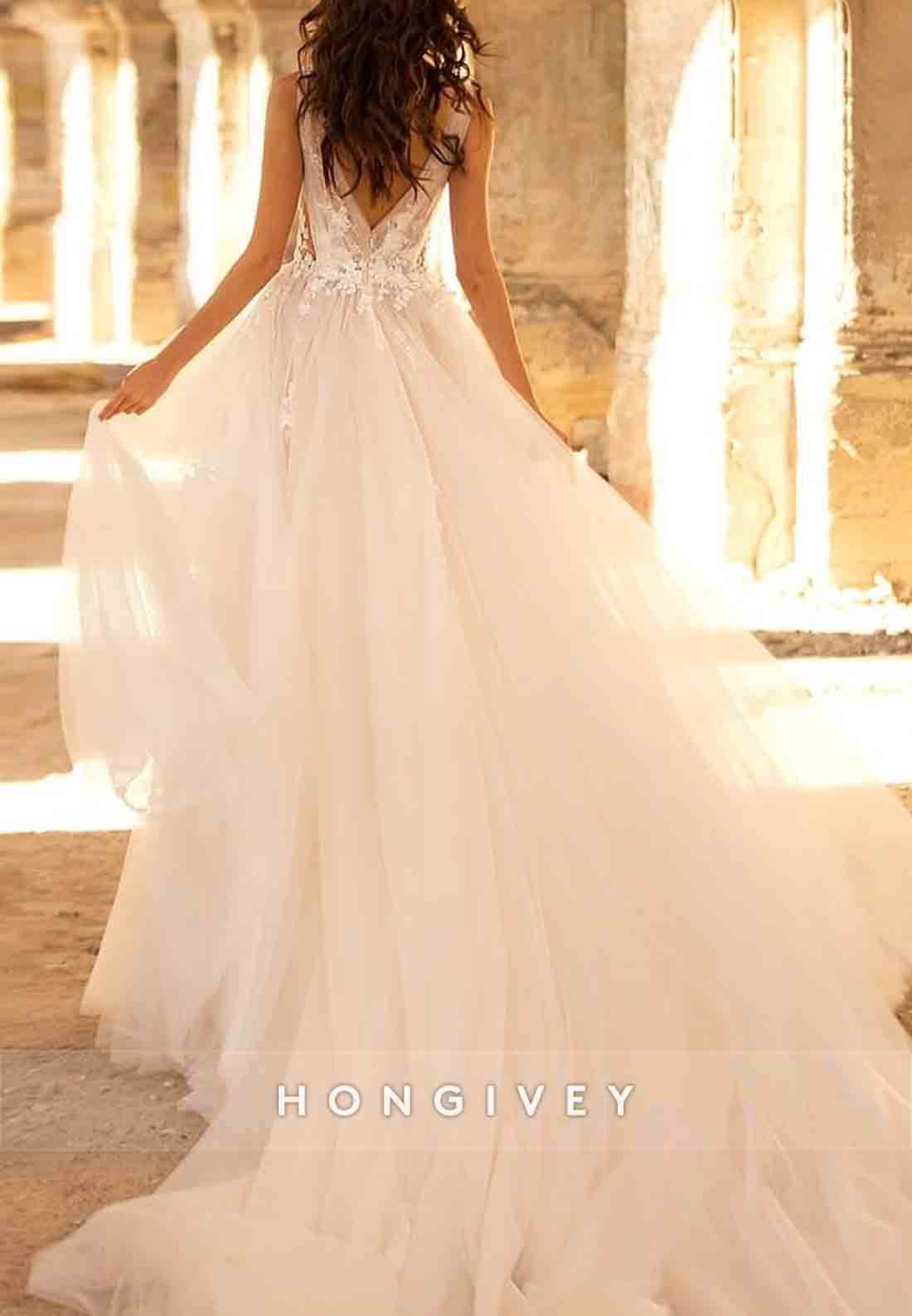 Sleeveless V Back Cap Straps Lace V Neck Empire Boho Wedding Dresses