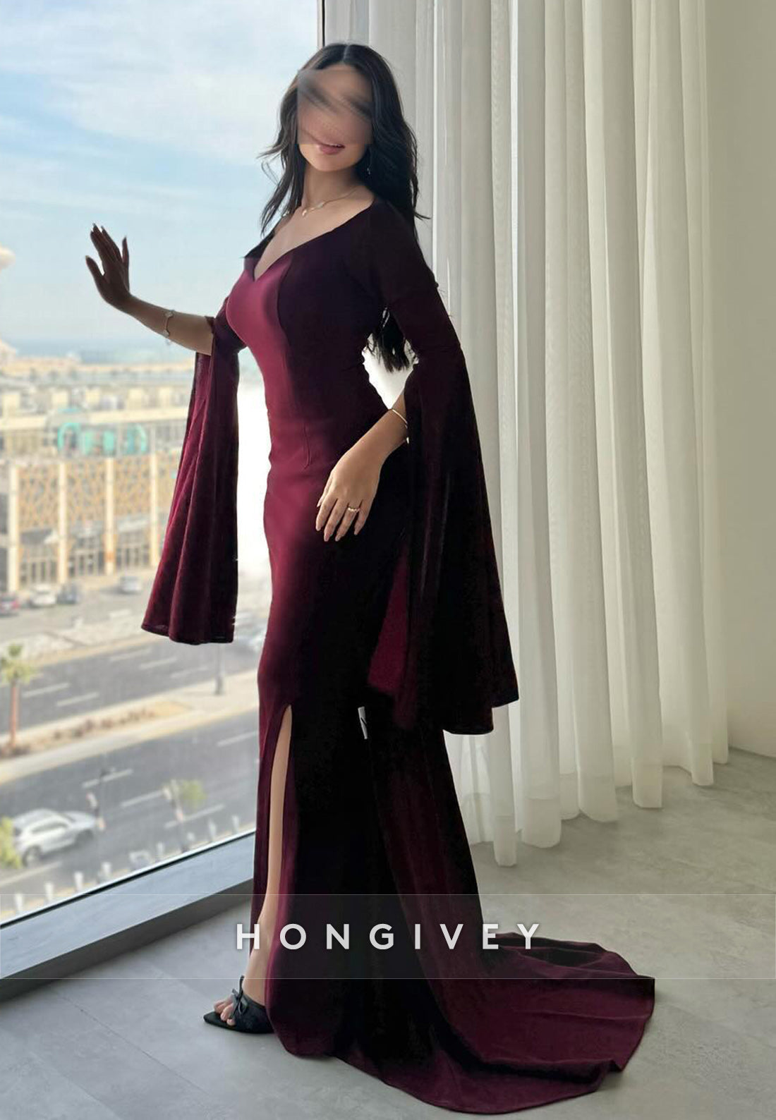 Trumpet Court Train Sweetheart Satin Half Sleeve Pleated Split Evening Gown