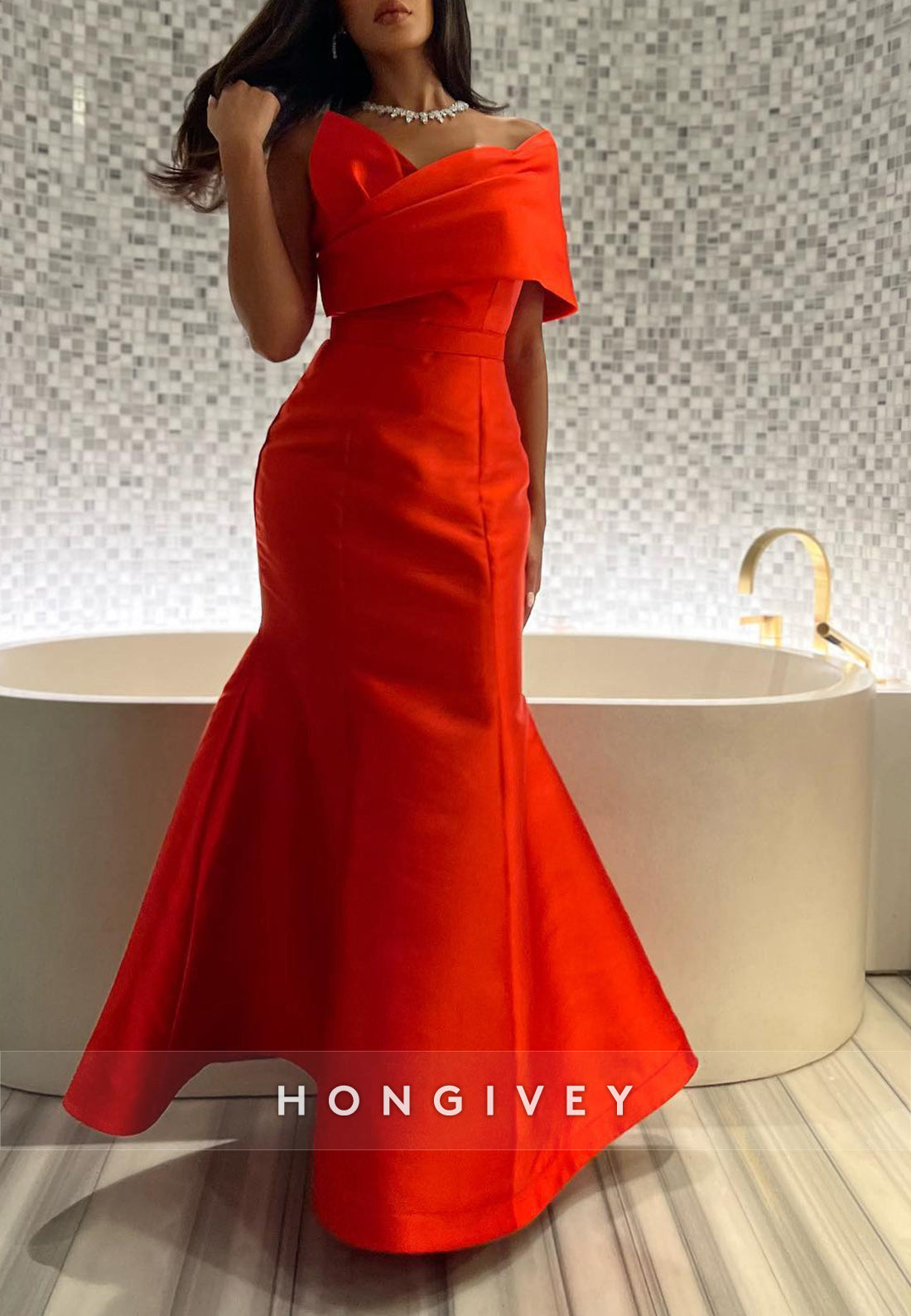 Trumpet Ankle-Length Asymmetrical Neck Satin Red Pleated Evening Gown