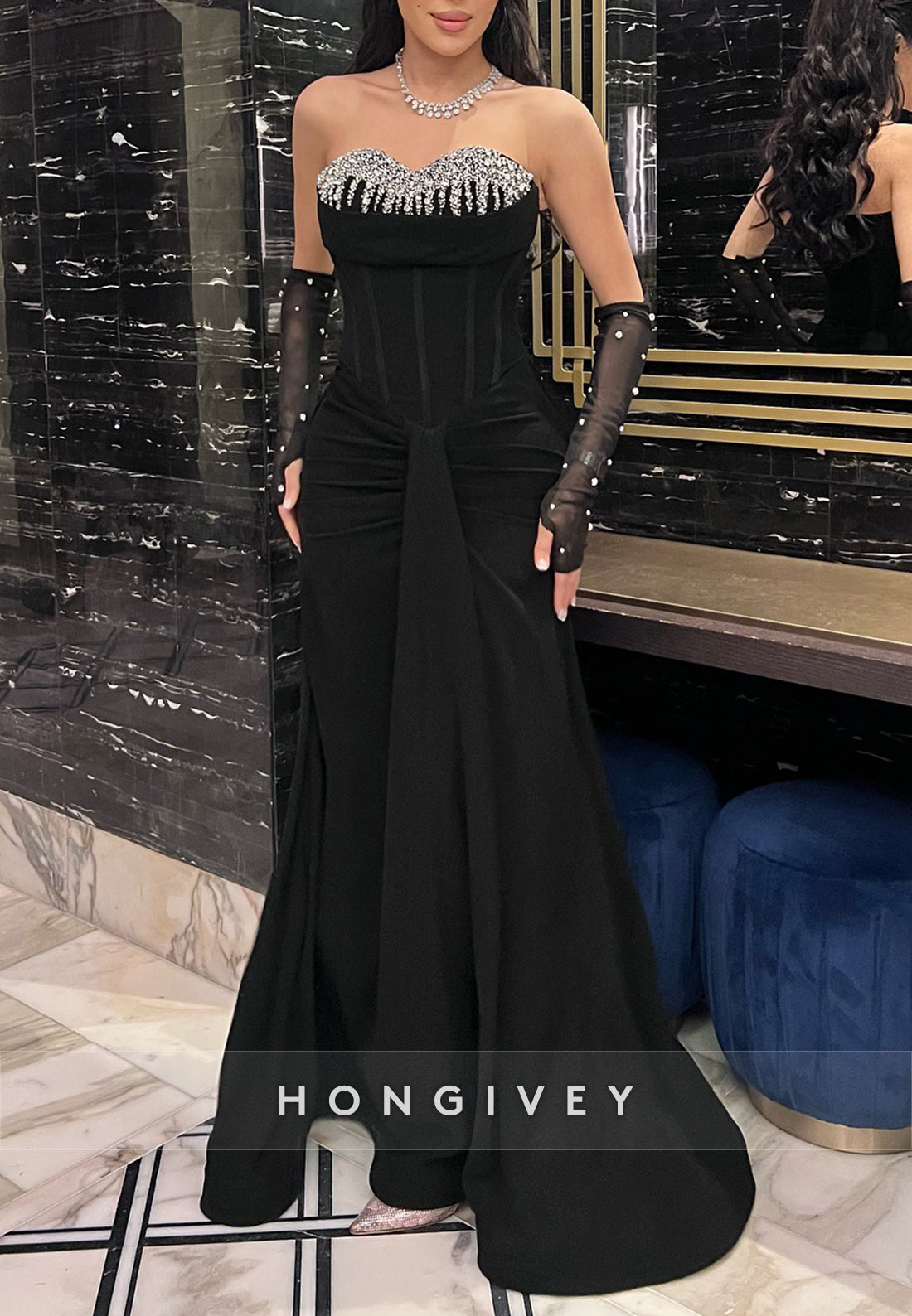 Column Floor-Length Sweetheart Pleated Beaded Rhinestone Evening Gown