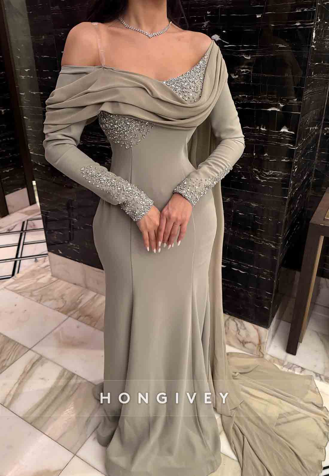 Side Draping One Shoulder Long Sleeves Floor-Length Trumpet Evening Gowns