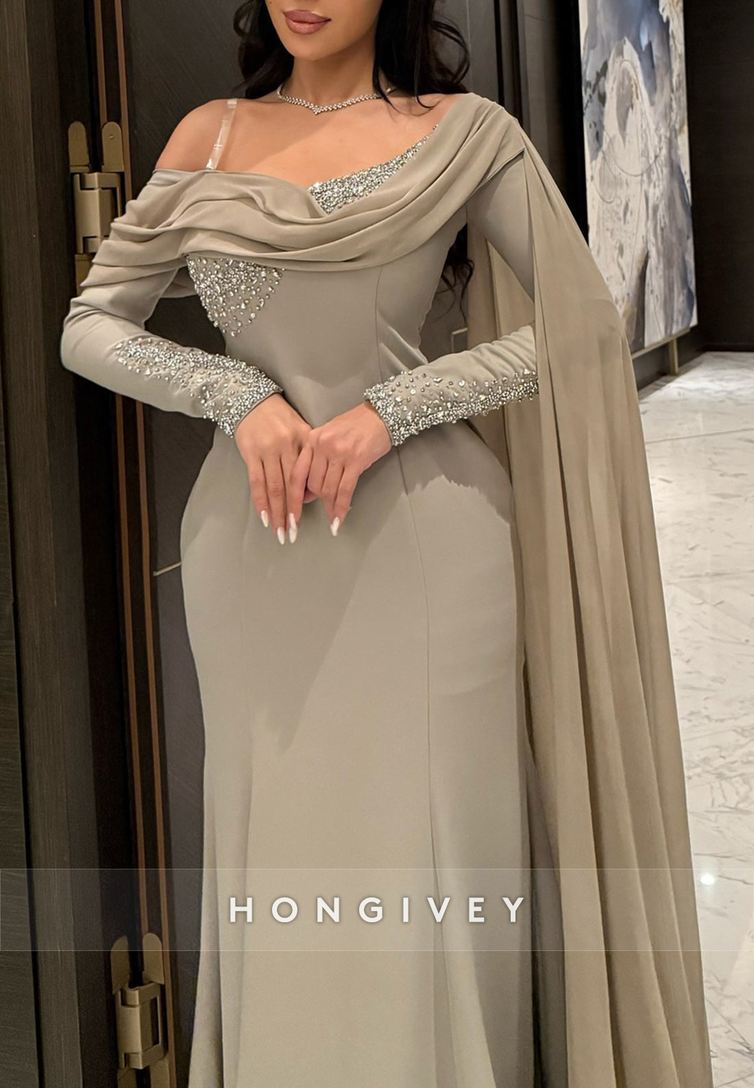 Sweep Train One Shoulder Cowl Neck Long Sleeve Pleated Appliqued Evening Gowns