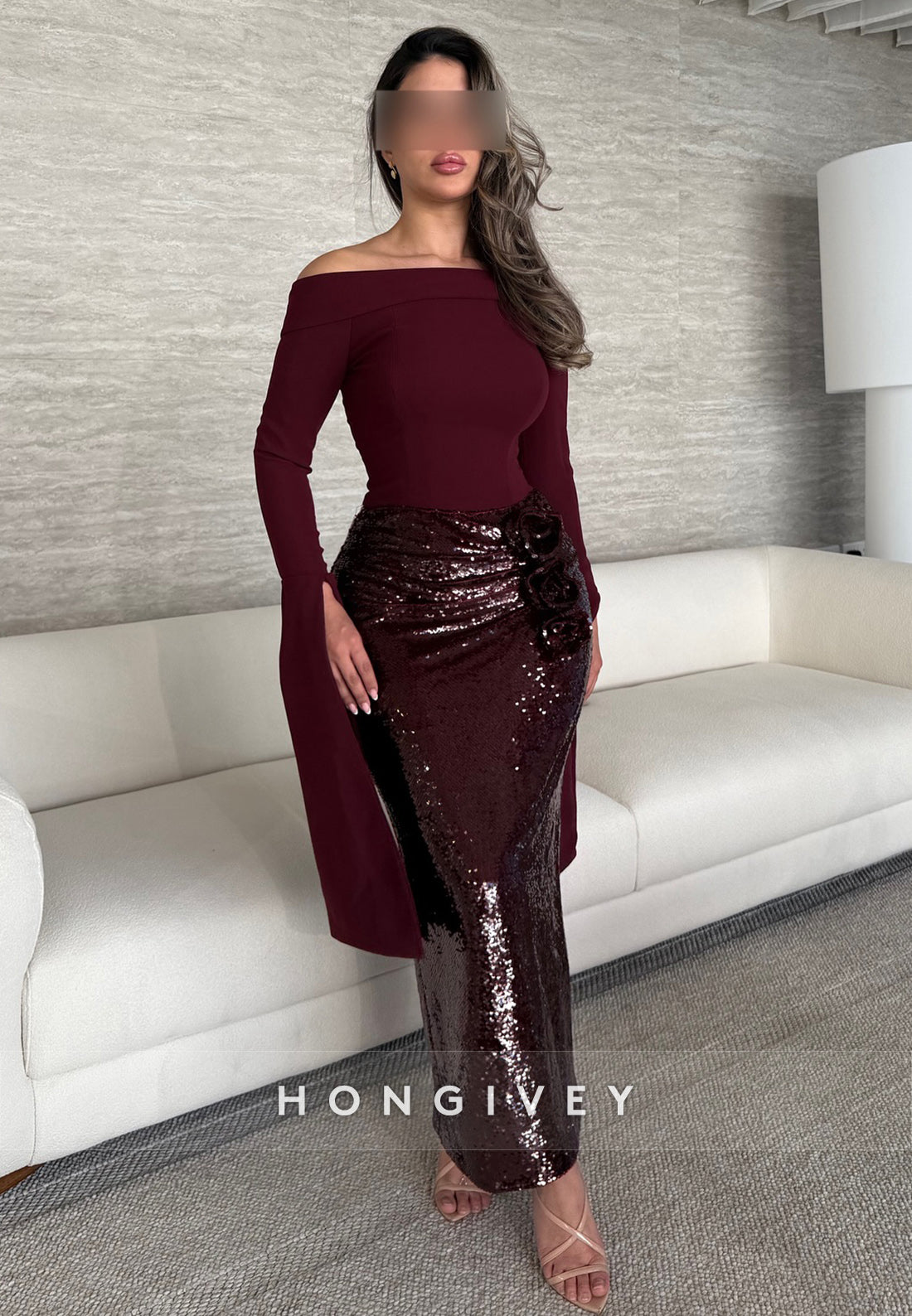 Ankle-Length Evening Gown Column Off the Shoulder Long Sleeve Pleated Flowers