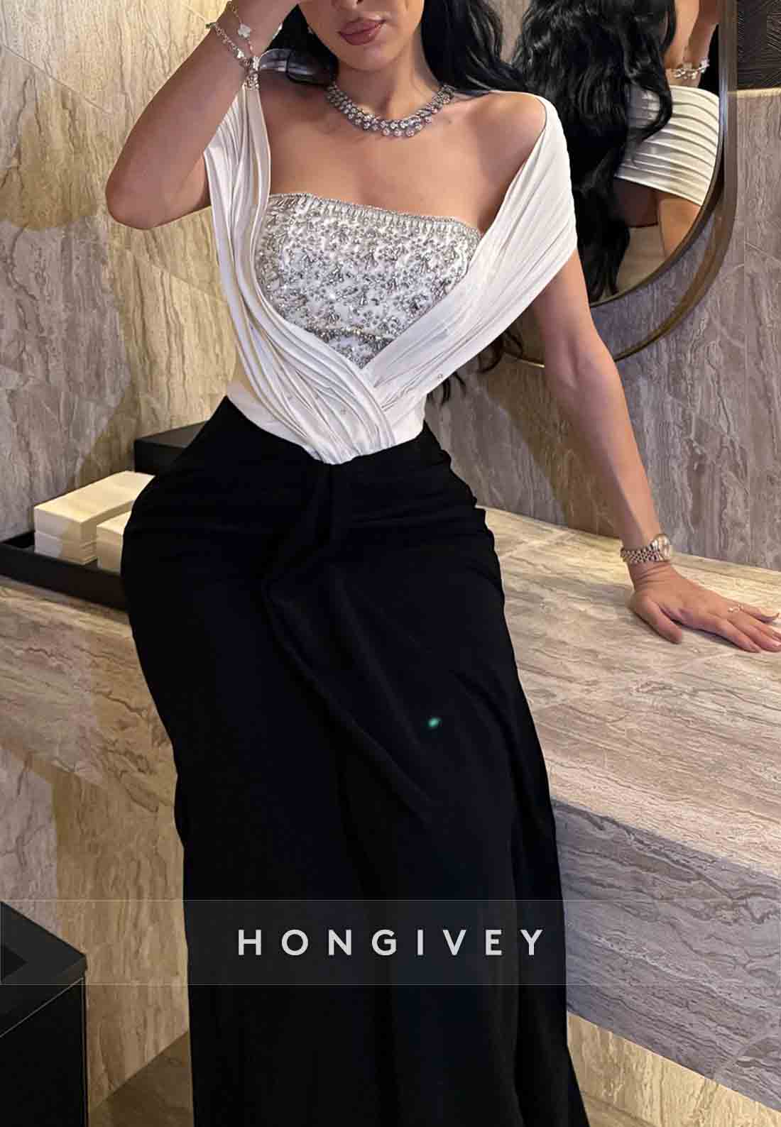 Trumpet Shawl Pleated Ruffles Beading Floor-Length Evening Gowns