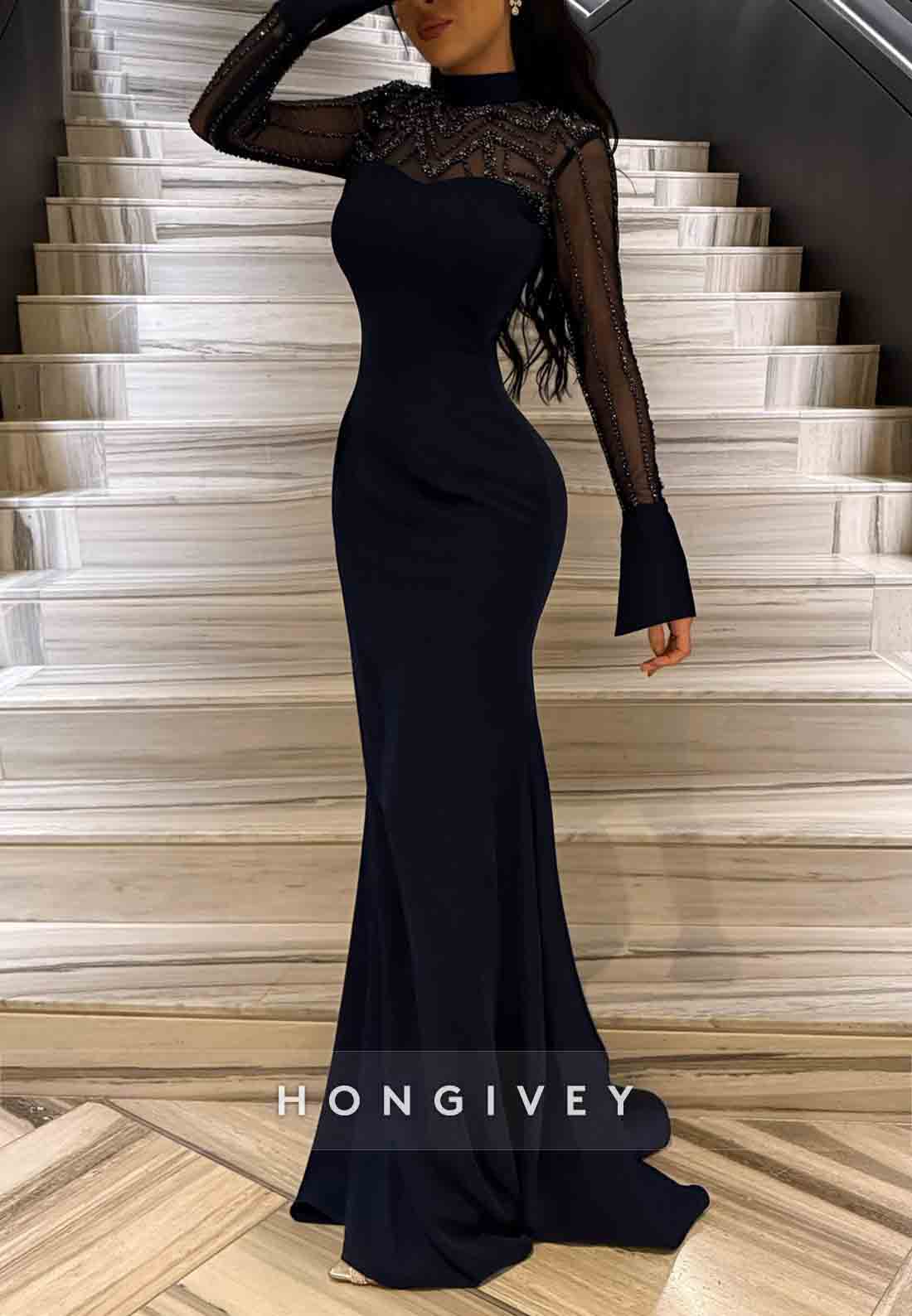 Bell Sleeves High Neck Beading Illusion Neck Trumpet Evening Gowns