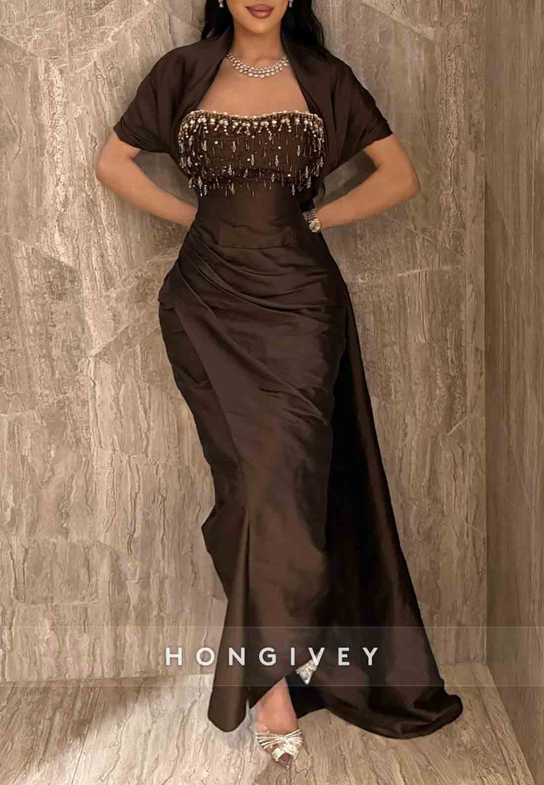 Sheath Short Sleeves Detachable Floor-Length Pleated Evening Gowns