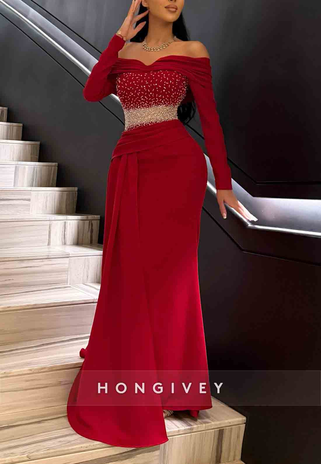 Long Sleeves Side Draping Off the Shoulder Floor-Length Pleated Evening Gowns