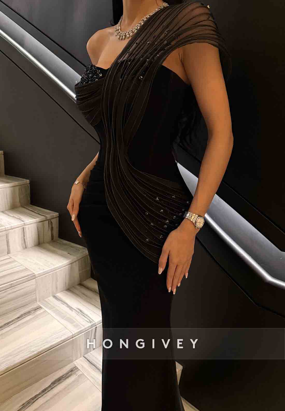 One Shoulder Trumpet Formal Dresses Side Slit Floor-Length Evening Gowns