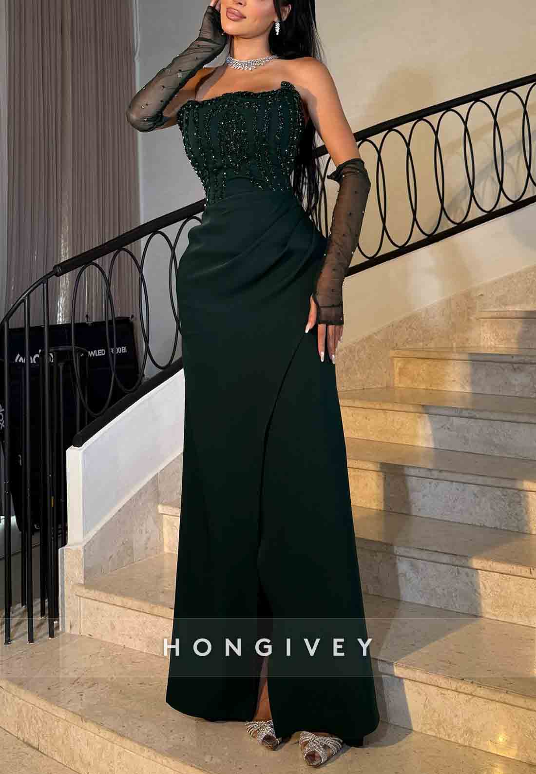 Strapless Beading Trumpet Formal Dresses Side Slit Floor-Length Evening Gowns