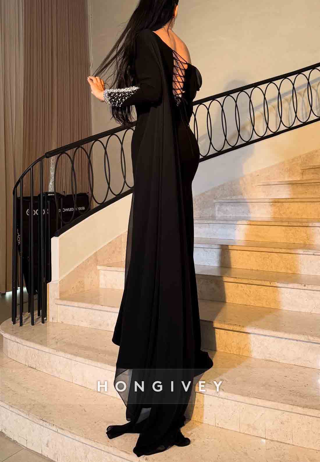 Crisscross Back Long Sleeves One Shoulder Side Draping Trumpet Evening Gowns