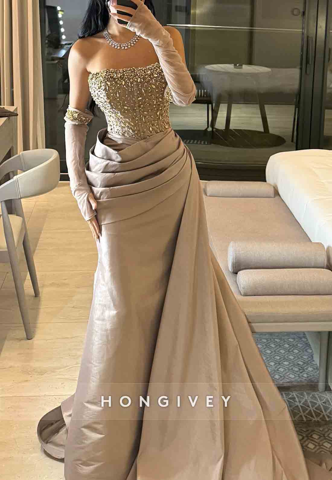 Elegant Strapless Satin Pleated Trumpet Evening Gowns with Beading