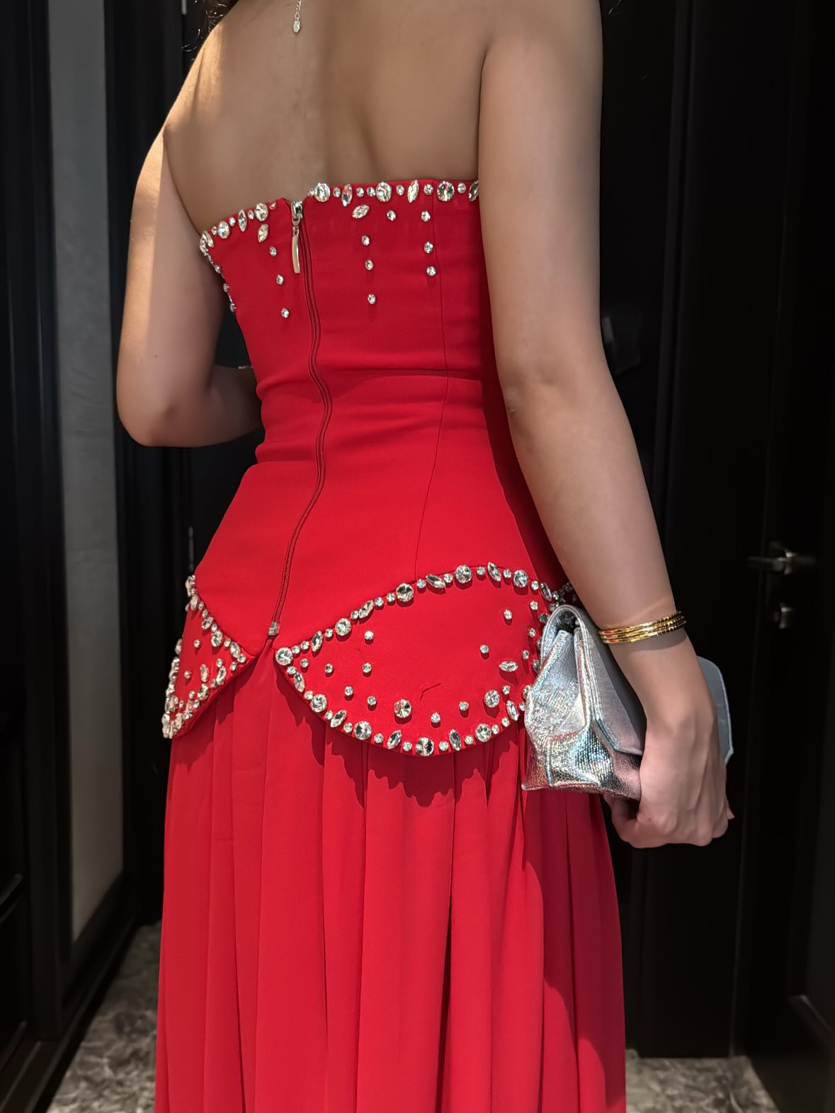 Red Strapless Sparkle Beaded Sleeveless A-Line Side Slit Evening Dress Ruched