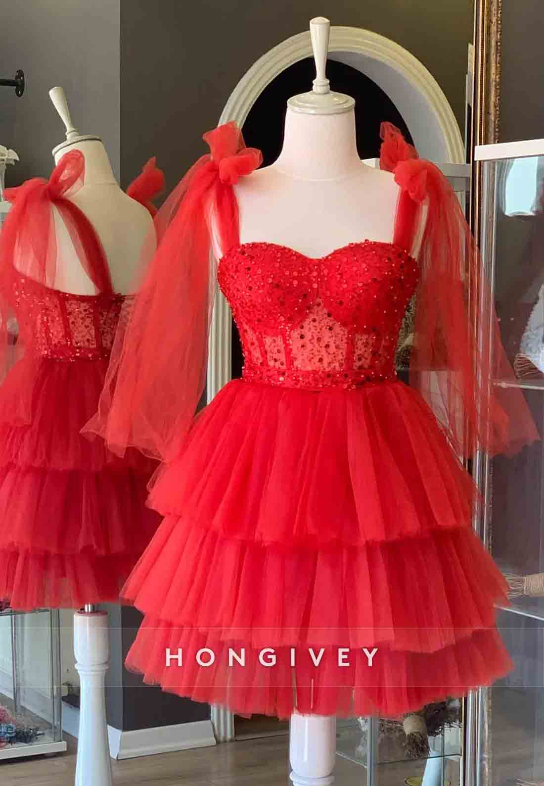 Tulle Sequined Bowknot Ruffles Regular Straps A-Line Short Homecoming Dresses