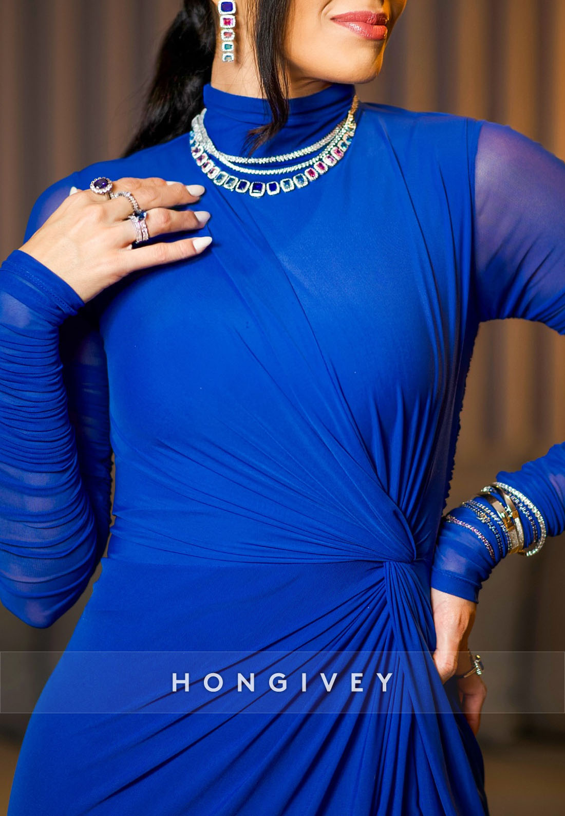 Royal Blue Long Sleeves High Neck Pleated Formal Gowns with Side Slit