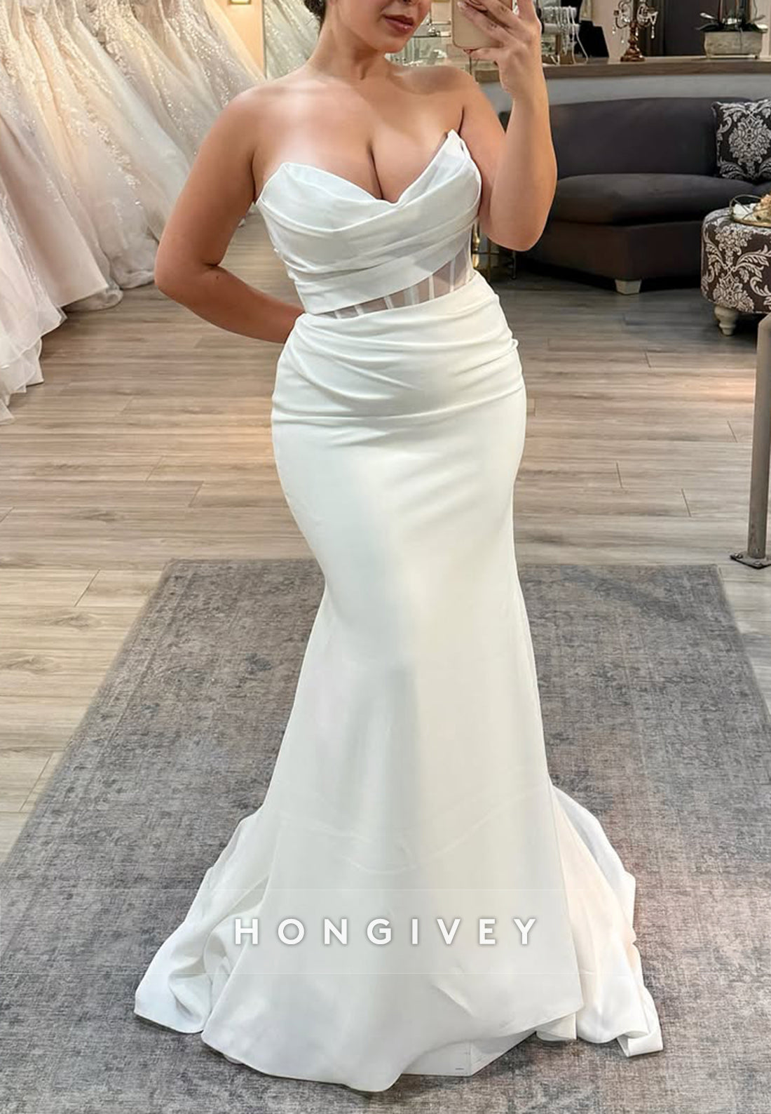 Sleeveless Strapless Trumpet Sweep Train V-Neck Wedding Dresses