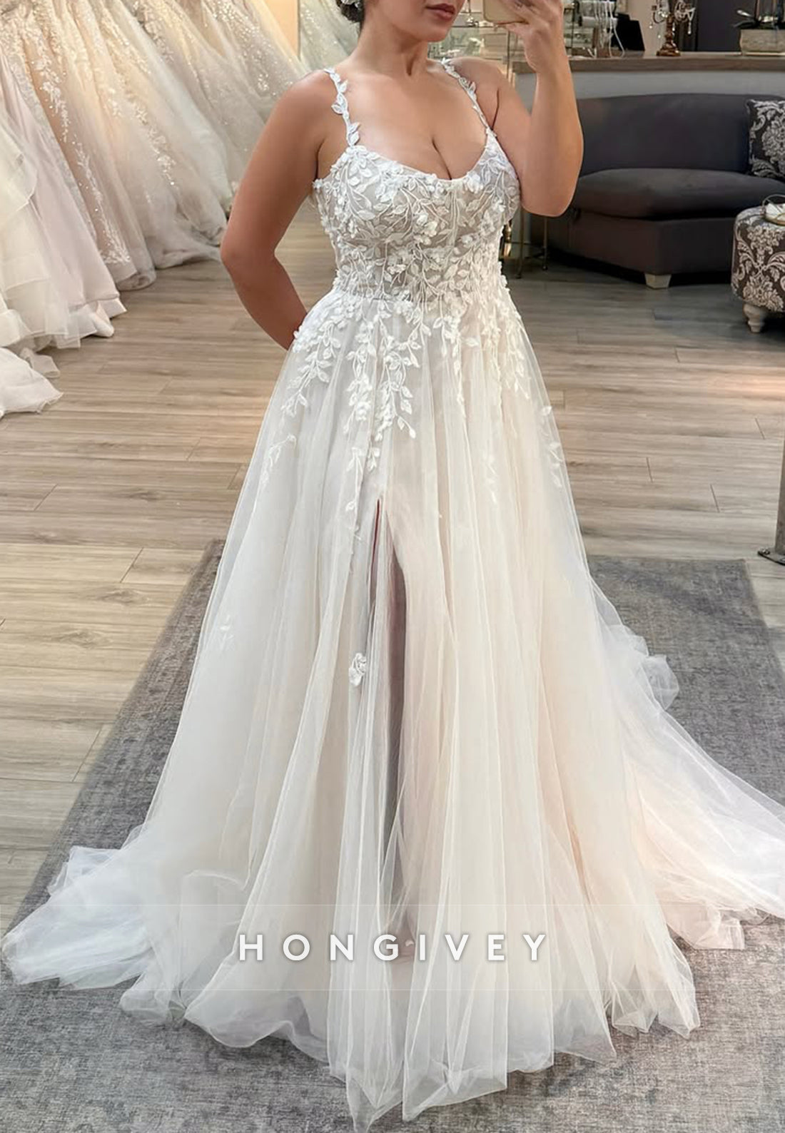 Regular Straps Sleeveless Side Slit A-Line Court Train Tulle Boho Wedding Dresses