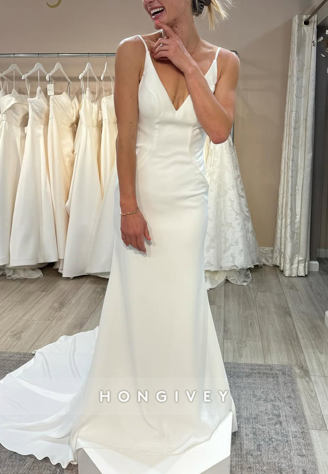 Simple Trumpet Sleeveless V-Neck Court Train Regular Straps Pleated Wedding Dresses