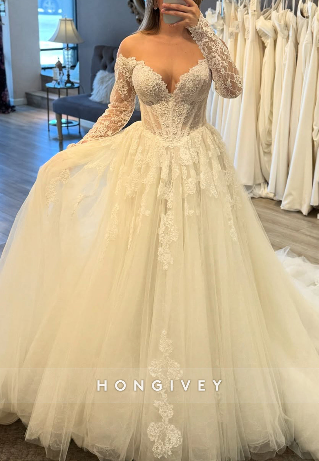 Off the Shoulder A-Line Lace V-Neck Long Sleeves Tulle Wedding Dresses