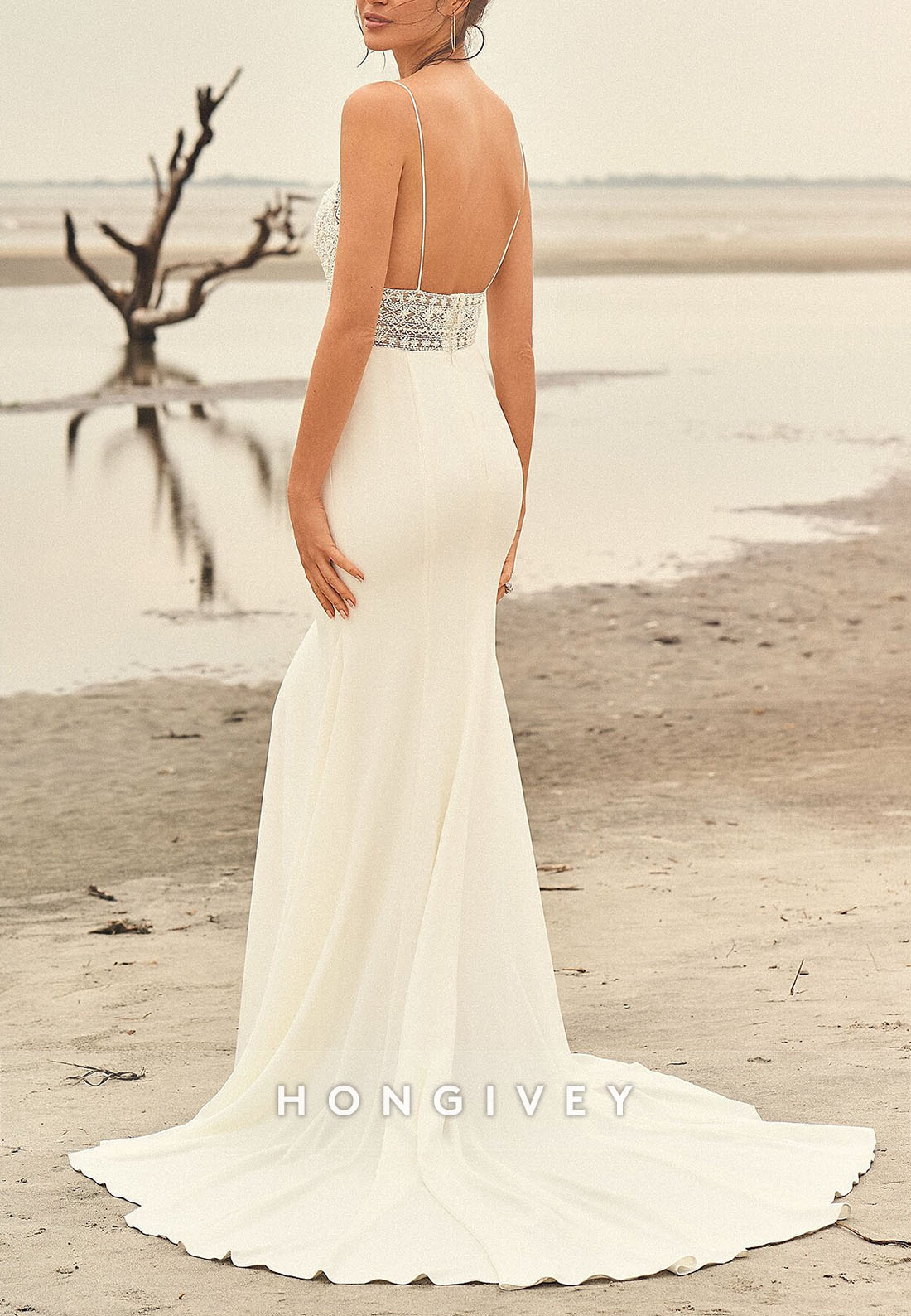 Pleated Court Train Low Back Trumpet V Neck Spaghetti Straps Beach Wedding Dresses