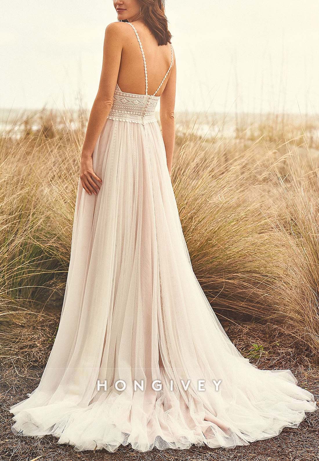 Low Back Regular Straps Sleeveless Lace Floor-Length Boho Wedding Dresses