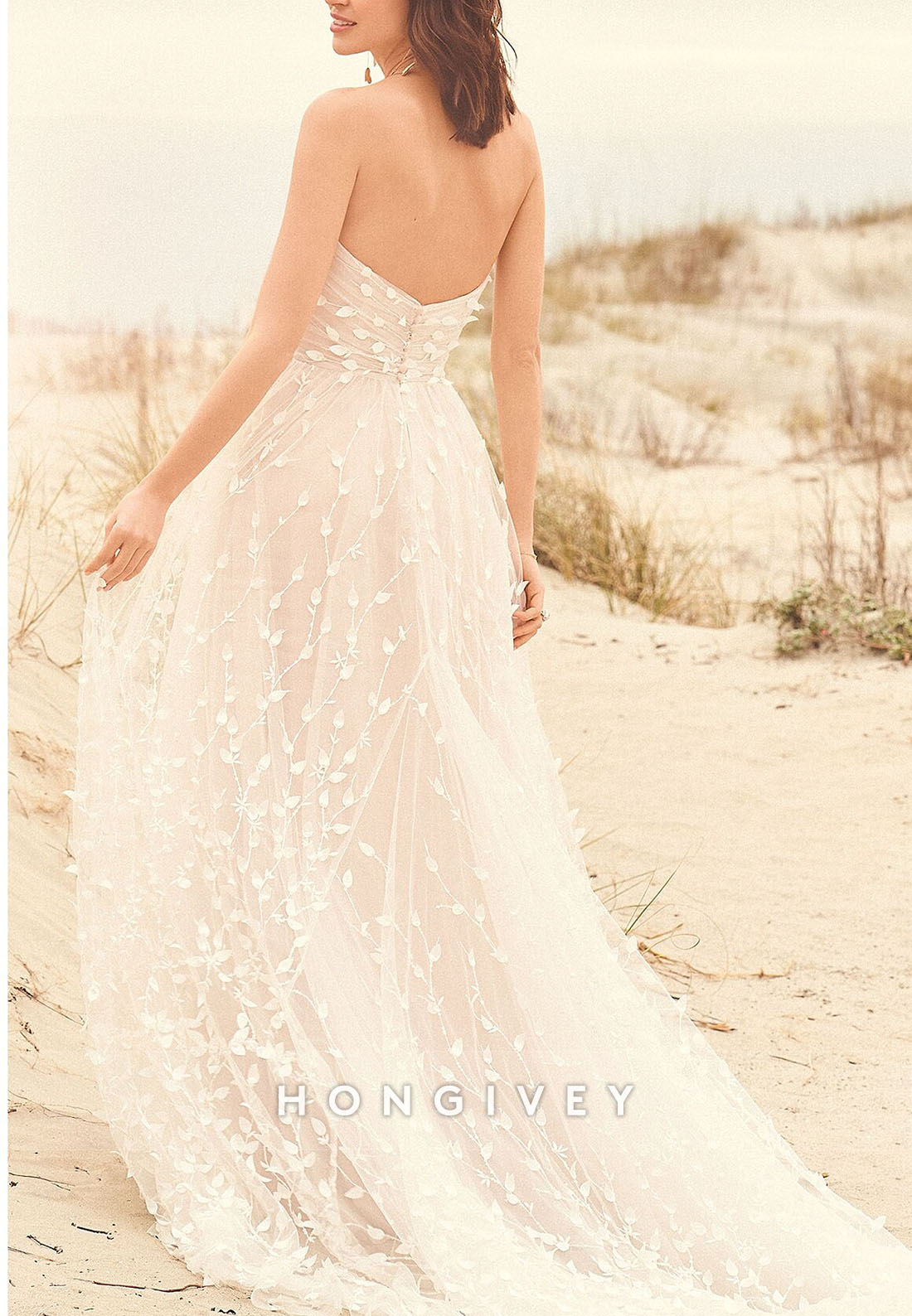 Low Back Pleated Strapless Sweetheart Court Train A-line Beach Wedding Dresses