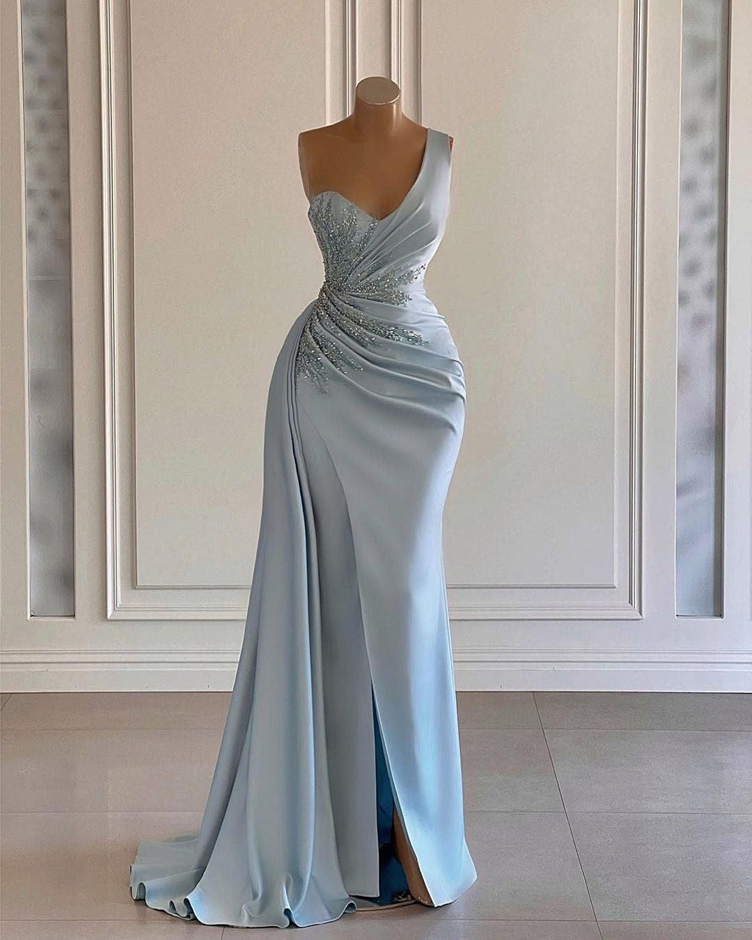 Stunning Satin Appliqued Dusty Blue Prom Dress One Shoulder Floor Leng Stunning Satin Appliqued Dusty Blue Prom Dress One Shoulder Floor Leng