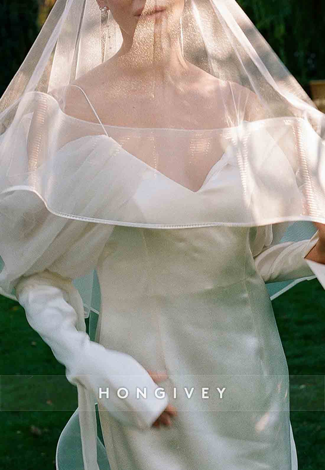 V-Neck Long Sleeves Off-Shoulder Pleated Satin Spaghetti Straps Wedding Dresses