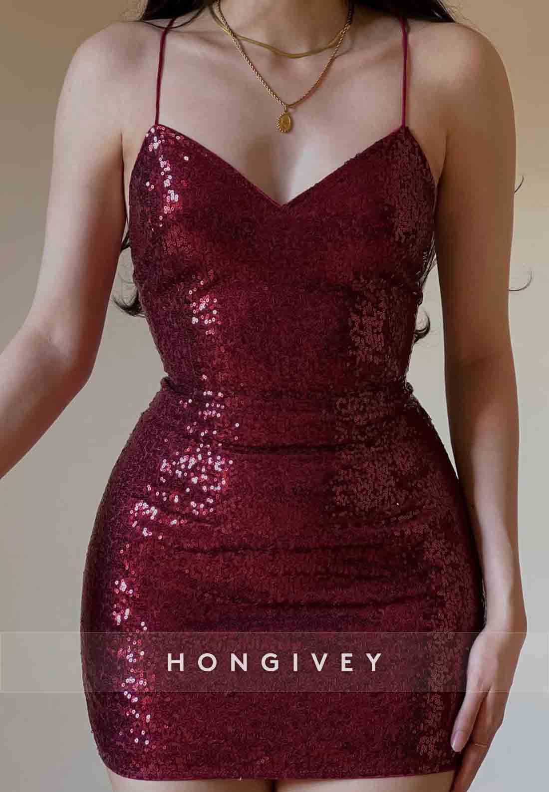 Glitter Crisscross Back Spaghetti Straps V-Neck Sheath Mini Homecoming Dresses