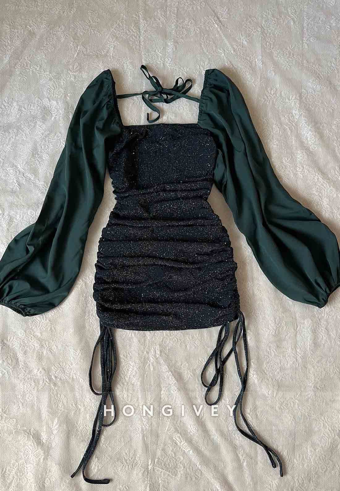 Glitter Off the Shoulder Long Sleeves Pleated Sheath Mini Homecoming Dresses