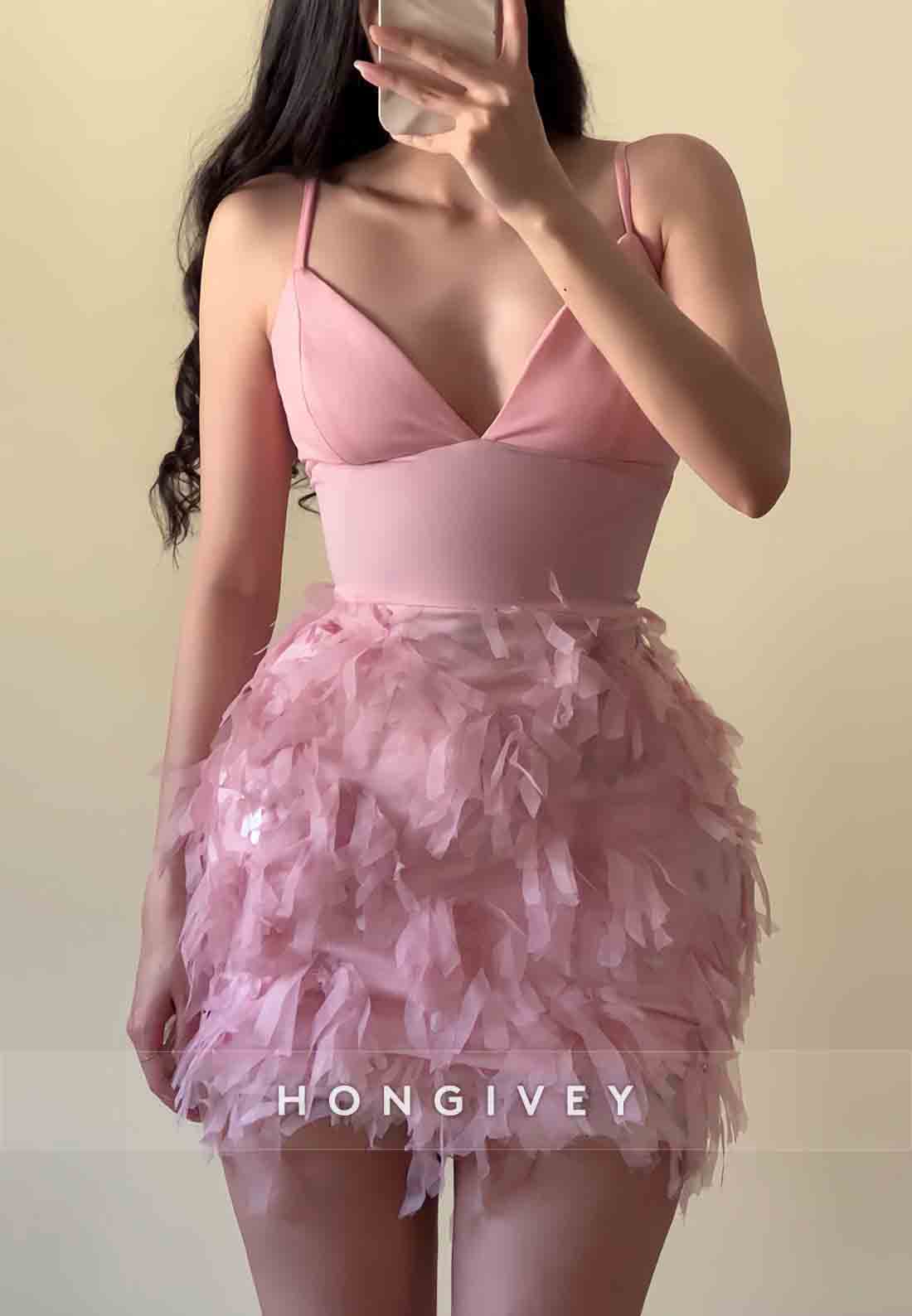 Spaghetti Straps Sheath Low V-Neck Sleeveless Mini Homecoming Dresses