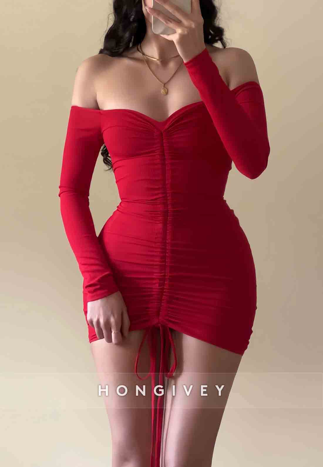 Long Sleeves Red Sheath Off the Shoulder Mini Homecoming Dresses with Ruffles